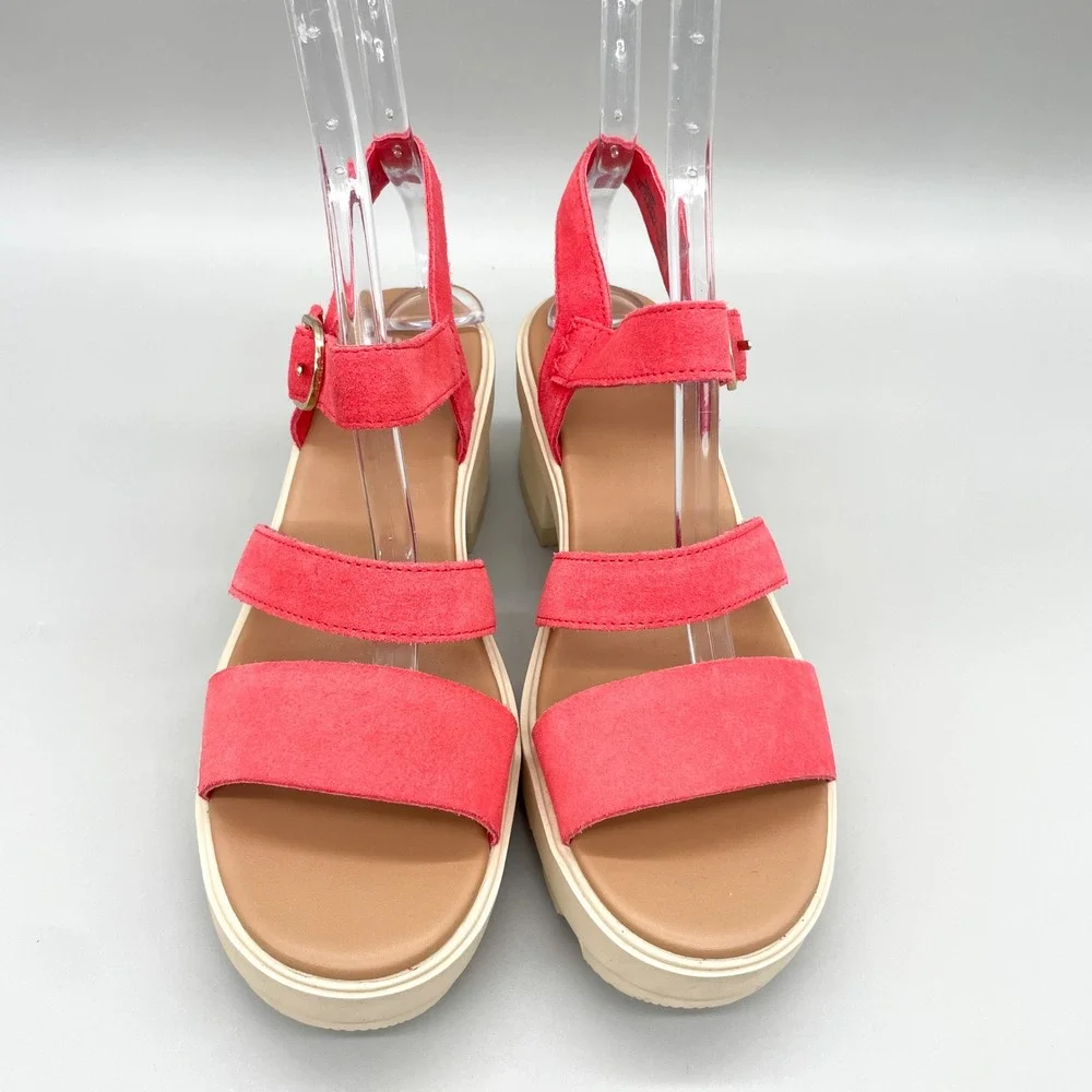 Sorel Joanie Heel Sandals Womens 9.5 Pink Red Suede Chunky Platform Strappy Shoe